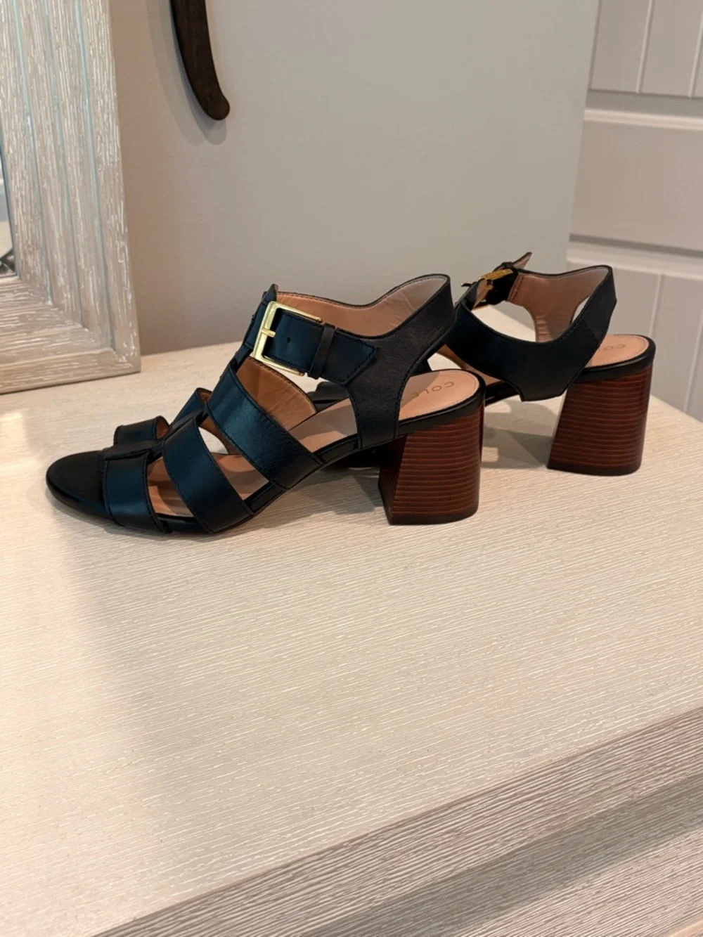 Cole Haan Black Leather Multi-Strap Sandals with Gold Buckle